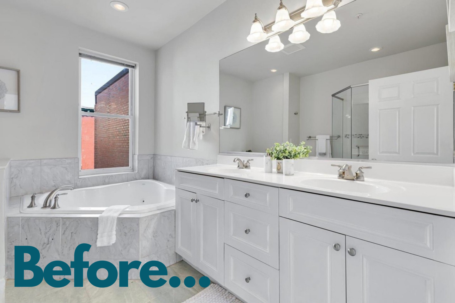 Original bathroom layout with outdated cabinetry and small shower, wasted tub space prior to Hammer Design Build Remodel renovation in Washington DC